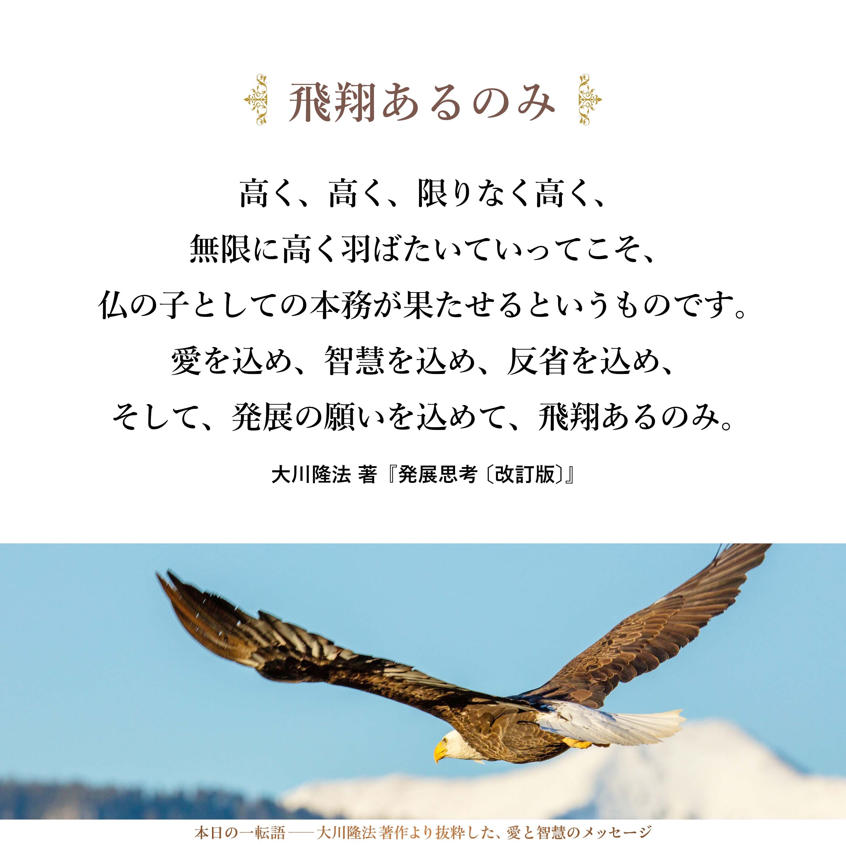 高く、高く、限りなく高く、無限に高く羽ばたいていってこそ、
仏の子としての本務が果たせるというものです。
愛を込め、智慧を込め、反省を込め、
そして、発展の願いを込めて、
飛翔あるのみ。