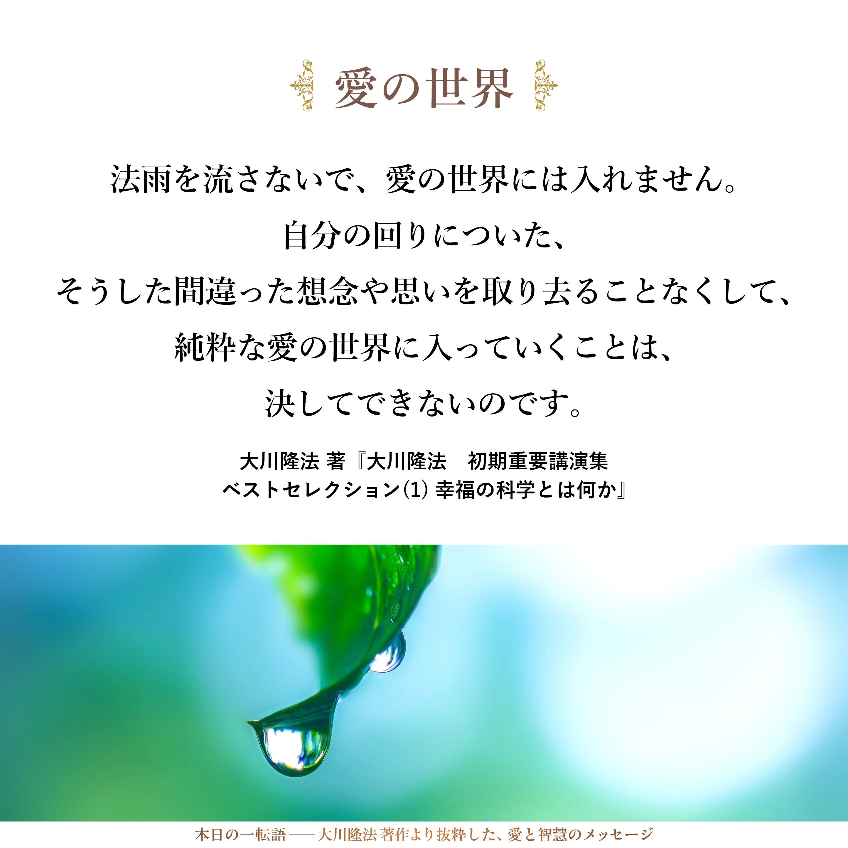 愛の世界に入るためには、「法雨」という名の雨に打たれなければ駄目です。法雨を流さないで、愛の世界には入れません。自分の回りについた、そうした間違った想念や思いを取り去ることなくして、純粋な愛の世界に入っていくことは、決してできないのです。