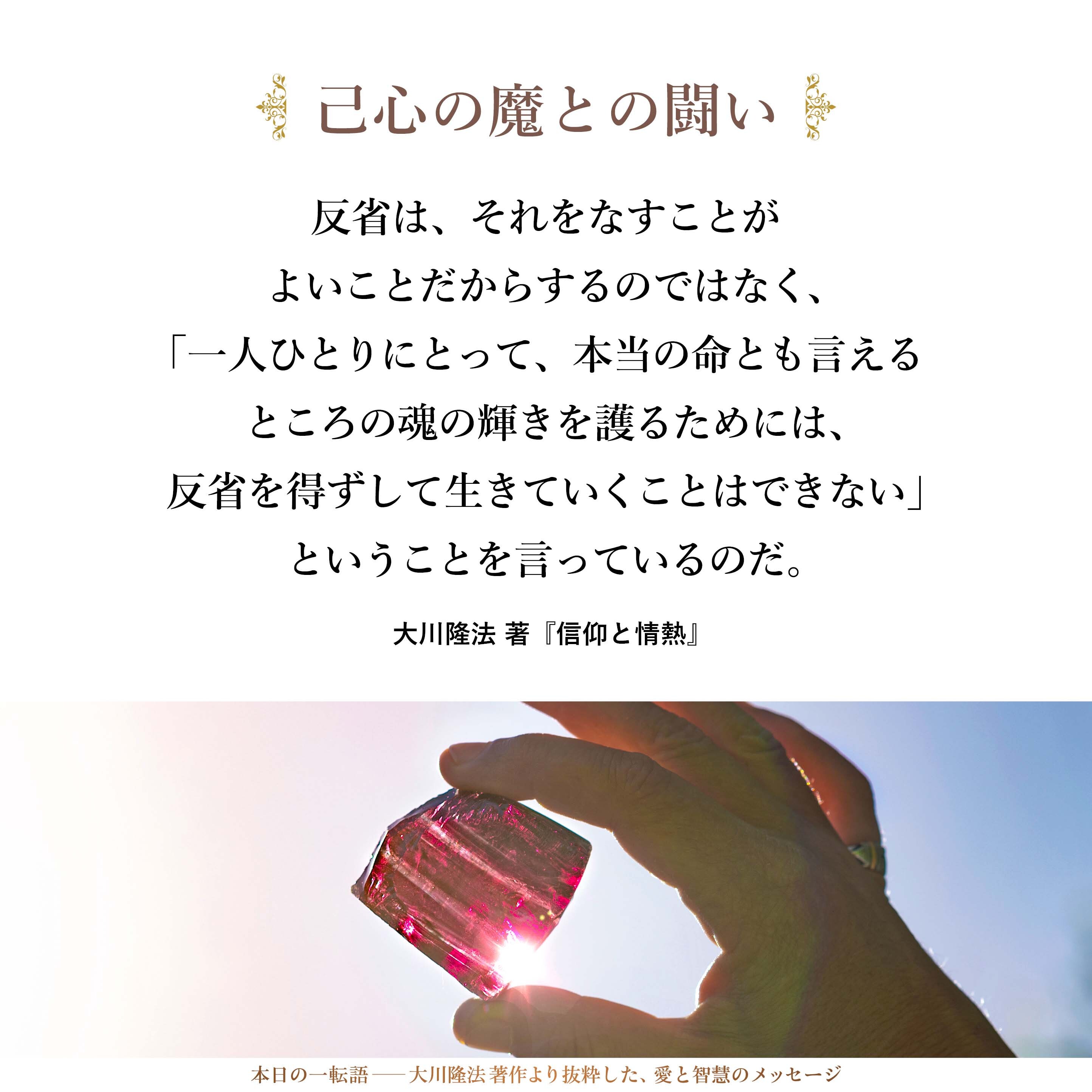 反省は、それをなすことがよいことだからするのではなく、「一人ひとりにとって、本当の命とも言えるところの魂の輝きを護るためには、反省を得ずして生きていくことはできない」ということを言っているのだ。
これは、まとめてやるべきものではない。
日々、間違った思いが出たならば、その時点で闘わなくてはならない。