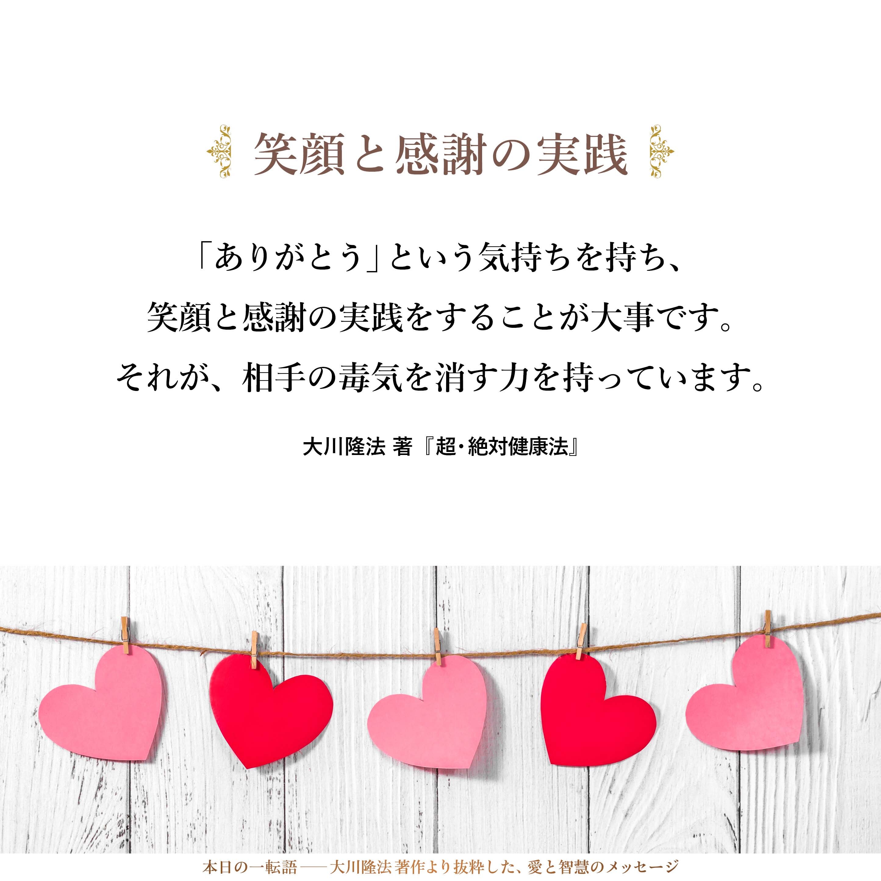 「ありがとう」という気持ちを持ち、笑顔と感謝の実践をすることが大事です。
それが、相手の毒気を消す力を持っています。
あなたを憎んだり苦しめたりしようとしている人がいた場合に、その念波を和らげ、跳ね返していったり、避けて横に流してしまったりする効果を持っているのです。