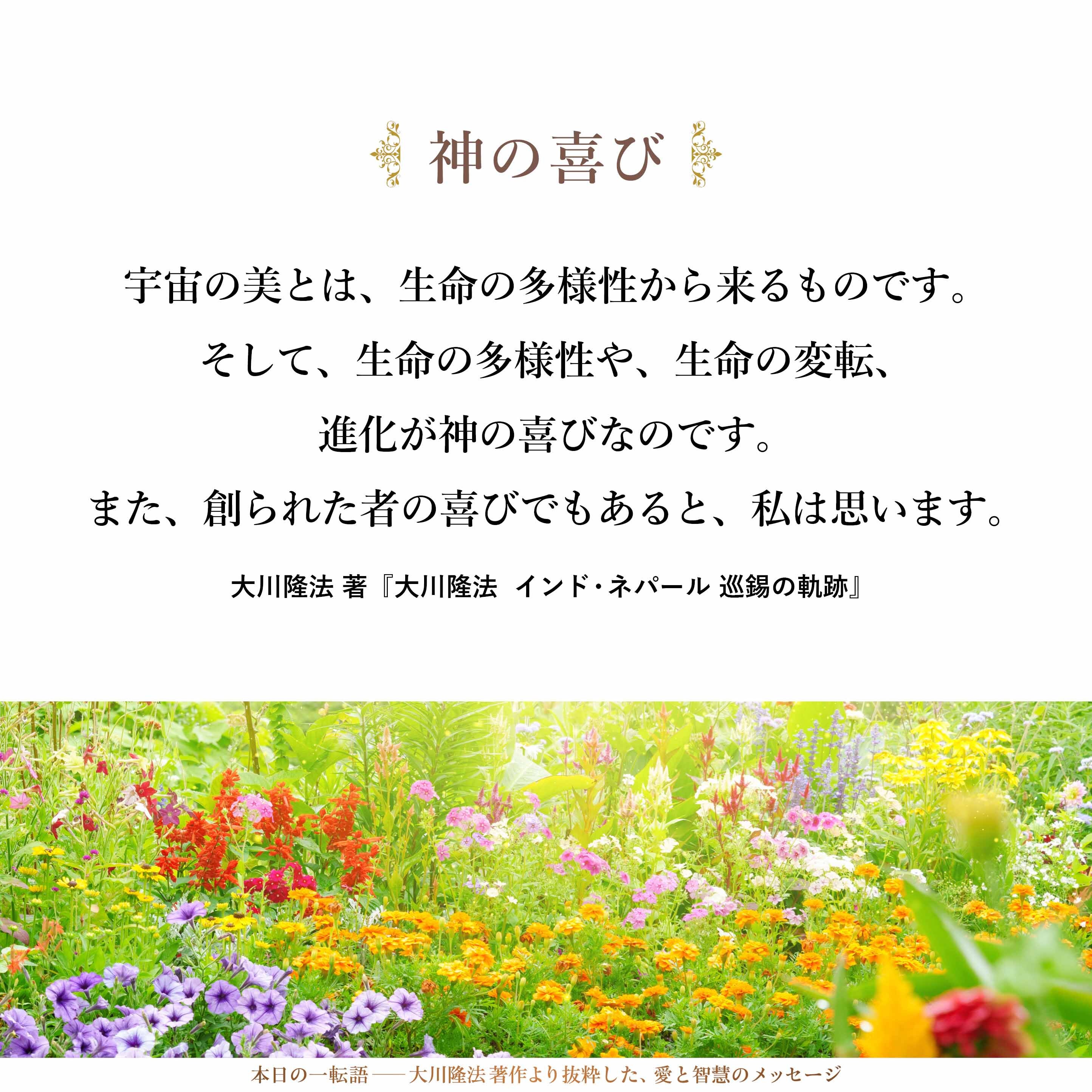 宇宙のさまざまな生命は、神の“花”なのです。花壇には、たくさんの花、それもいろいろな種類の花が必要なのです。
創造主は、その花の成長に幸福を感じ、花壇の多様性、たくさんの花が咲く姿、その多様性を喜んでいるのです。
宇宙の美とは、生命の多様性から来るものです。そして、生命の多様性や、生命の変転、進化が神の喜びなのです。また、創られた者の喜びでもあると、私は思います。