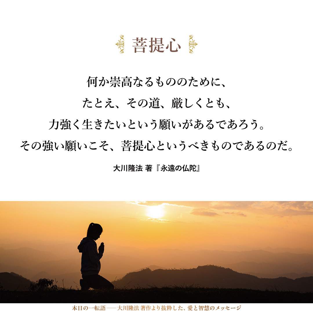 自分の心の内に、よくよく問うてみるがよい。
さすれば、深く、強く、求めるものがあるであろう。
道を求める気持ちがあるであろう。
何か崇高なるもののために、
たとえ、その道、厳しくとも、
力強く生きたいという願いがあるであろう。
その強い願いこそ、菩提心というべきものであるのだ。