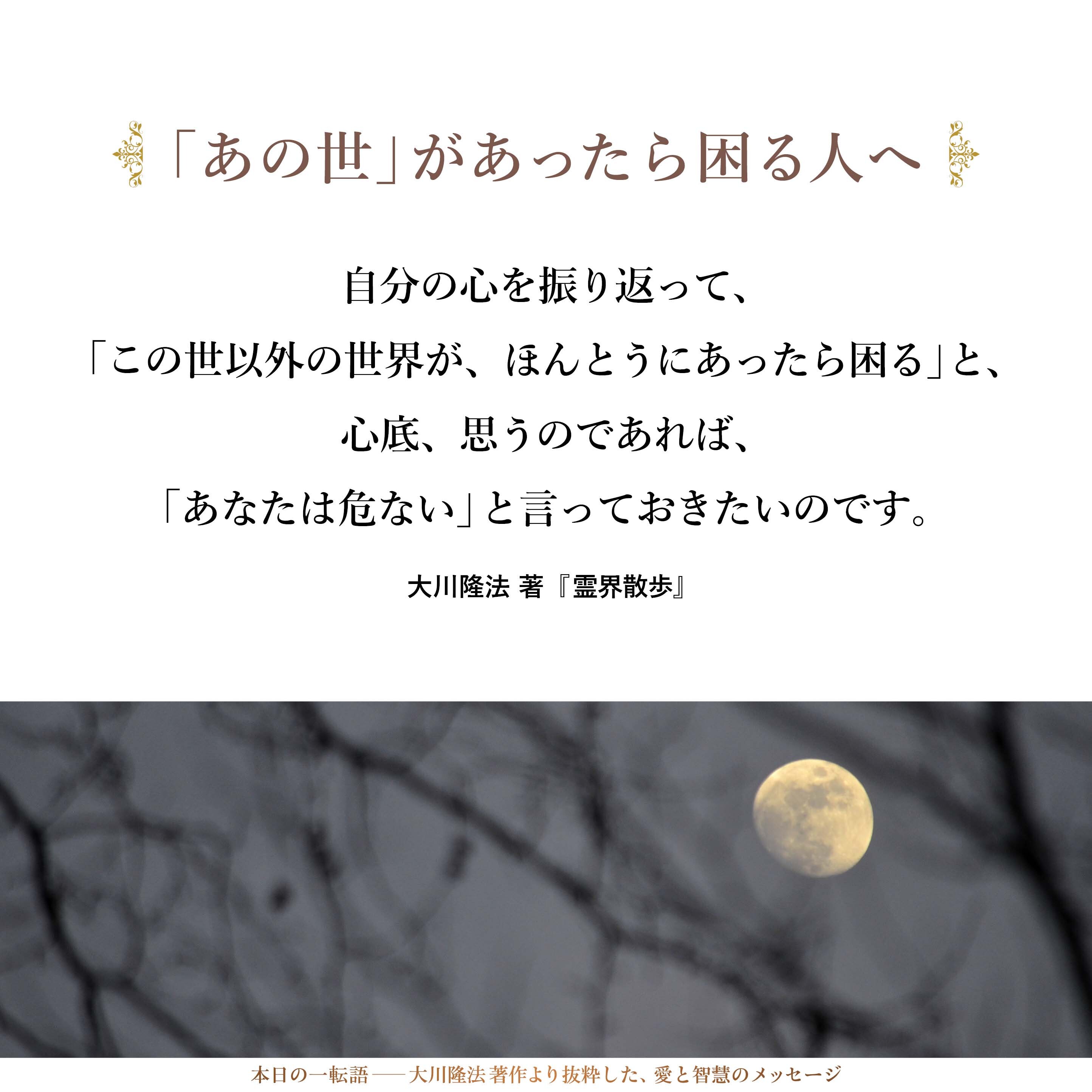 この世以外の世界の存在を信じることができず、この世以外の世界があったら困る人がいたならば、「地獄に行くのは、あなたです」ということです。自分の心を振り返って、「この世以外の世界が、ほんとうにあったら困る」と、心底、思うのであれば、「あなたは危ない」と言っておきたいのです。