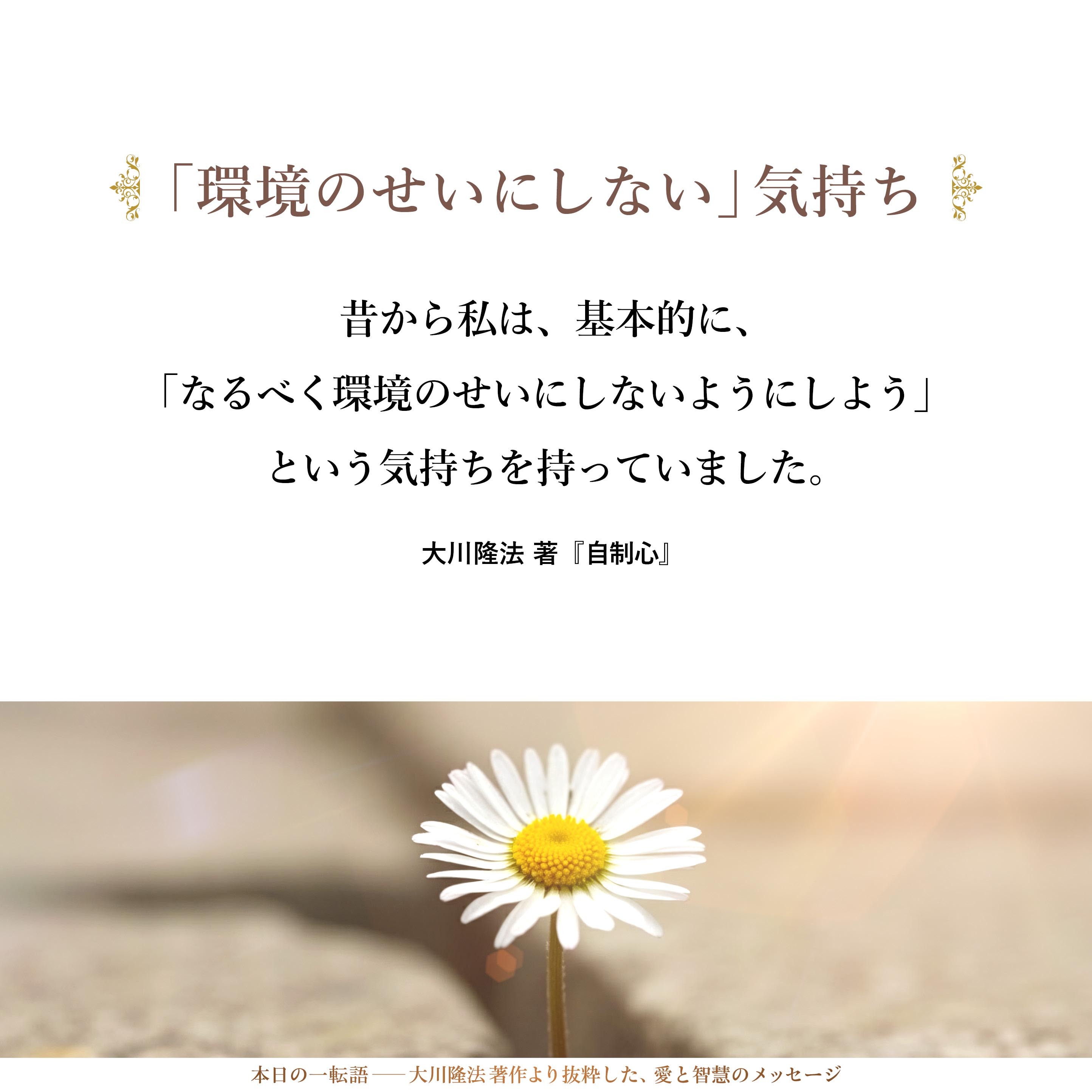 昔から私は、基本的に、「なるべく環境のせいにしないようにしよう」という気持ちを持っていました。これは、幸福の科学の思想にもよく出ているところですね。