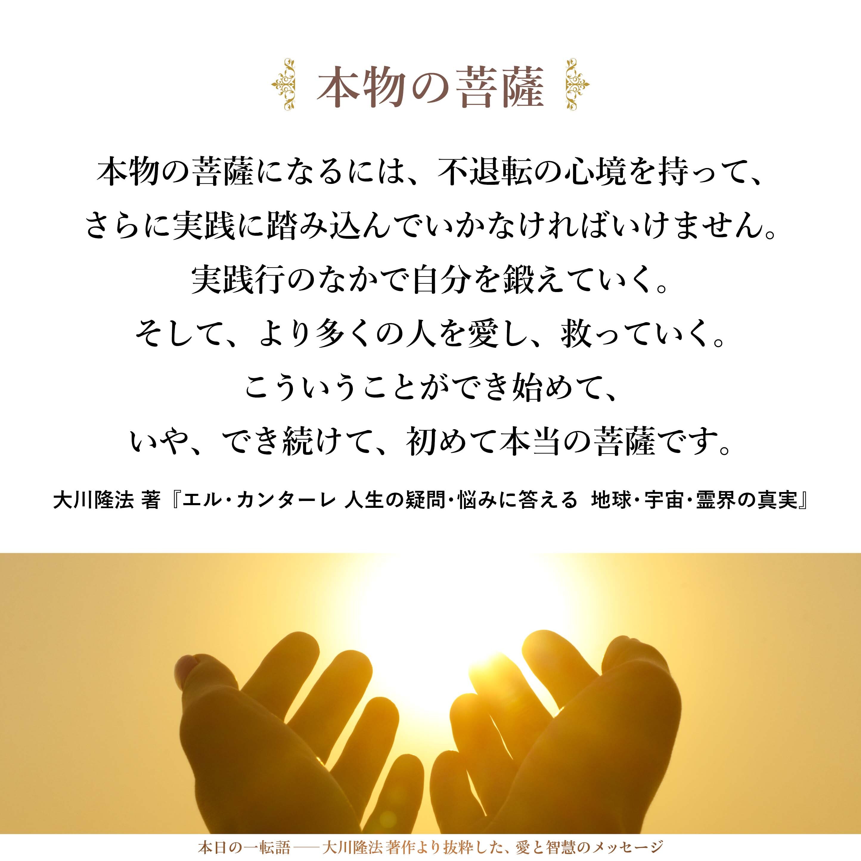 本物の菩薩になるには、不退転の心境を持って、さらに実践に踏み込んでいかなければいけません。実践行のなかで自分を鍛えていく。そして、より多くの人を愛し、救っていく。こういうことができ始めて、いや、でき続けて、初めて本当の菩薩です。