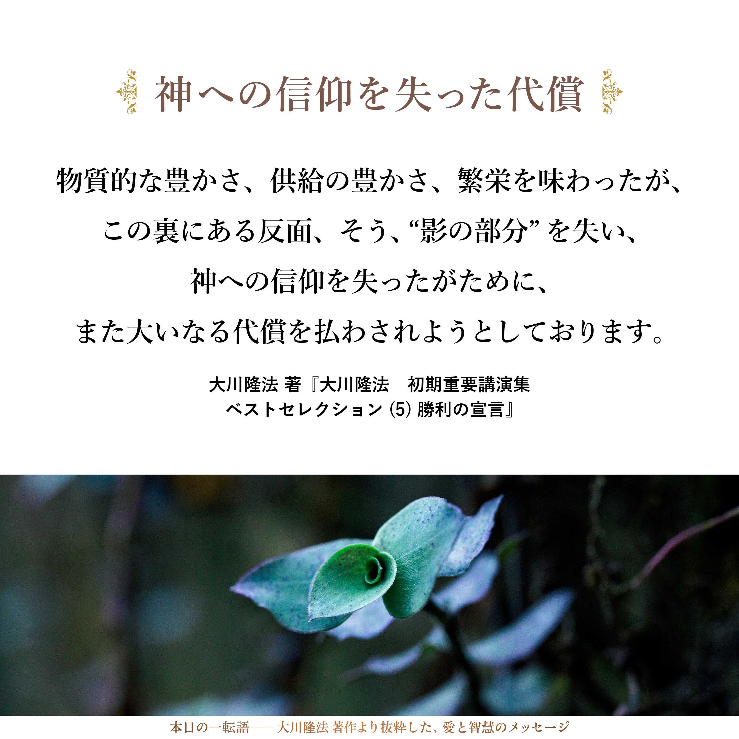 私たちはこの「便利性」というものを追求して、そして物質的な豊かさ、供給の豊かさ、繁栄を味わったが、この裏にある反面、そう、“影の部分”を失い、神への信仰を失ったがために、また大いなる代償を払わされようとしております。そうです。この近代以降、人口は増え続けておりますが、この増え続ける人口が数多く「悪の世界」のなかに傾いてきているということなのです。