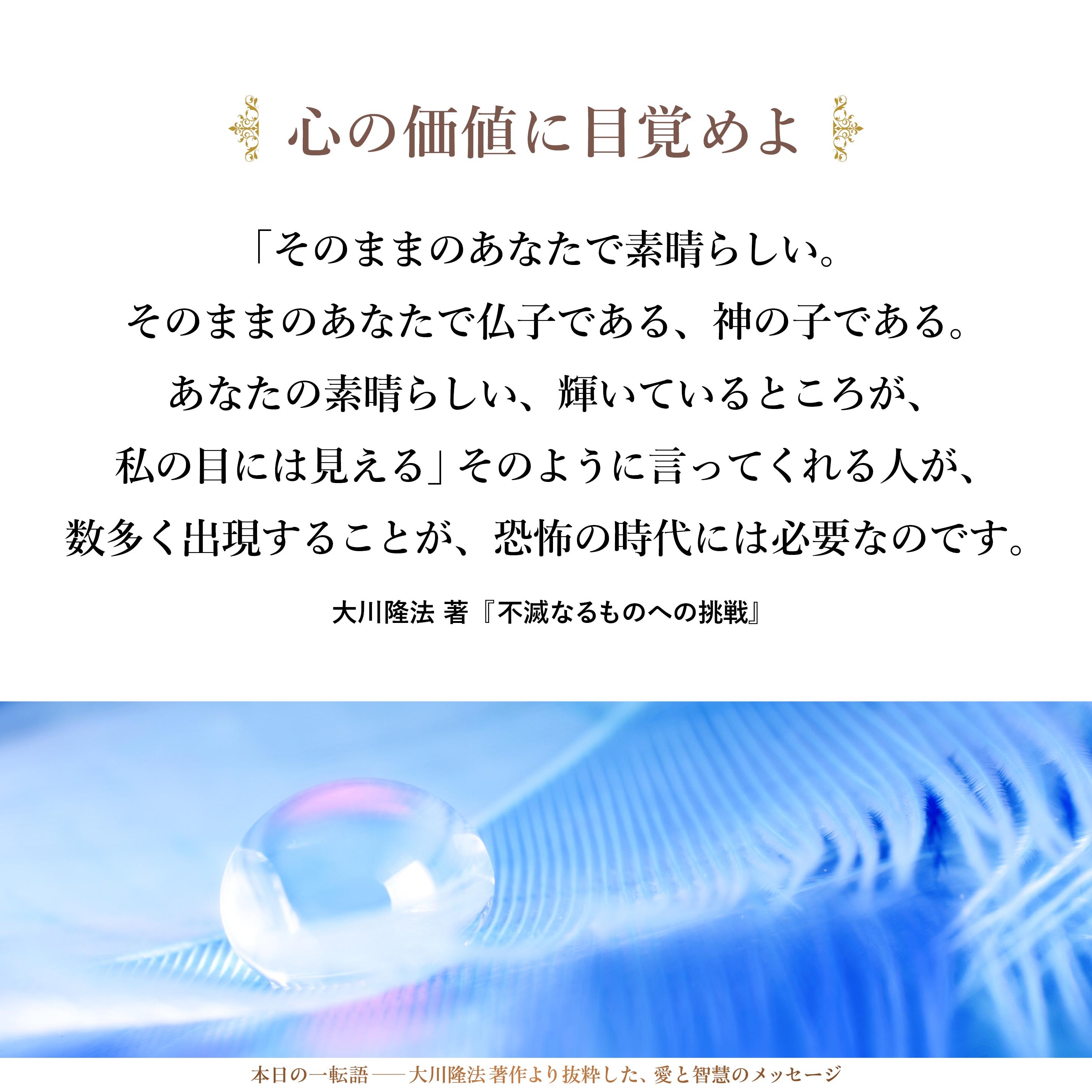 「そのままのあなたで素晴らしい。
そのままのあなたで仏子である、神の子である。
あなたの素晴らしい、輝いているところが、私の目には見える」
そのように言ってくれる人が、数多く出現することが、
恐怖の時代には必要なのです。