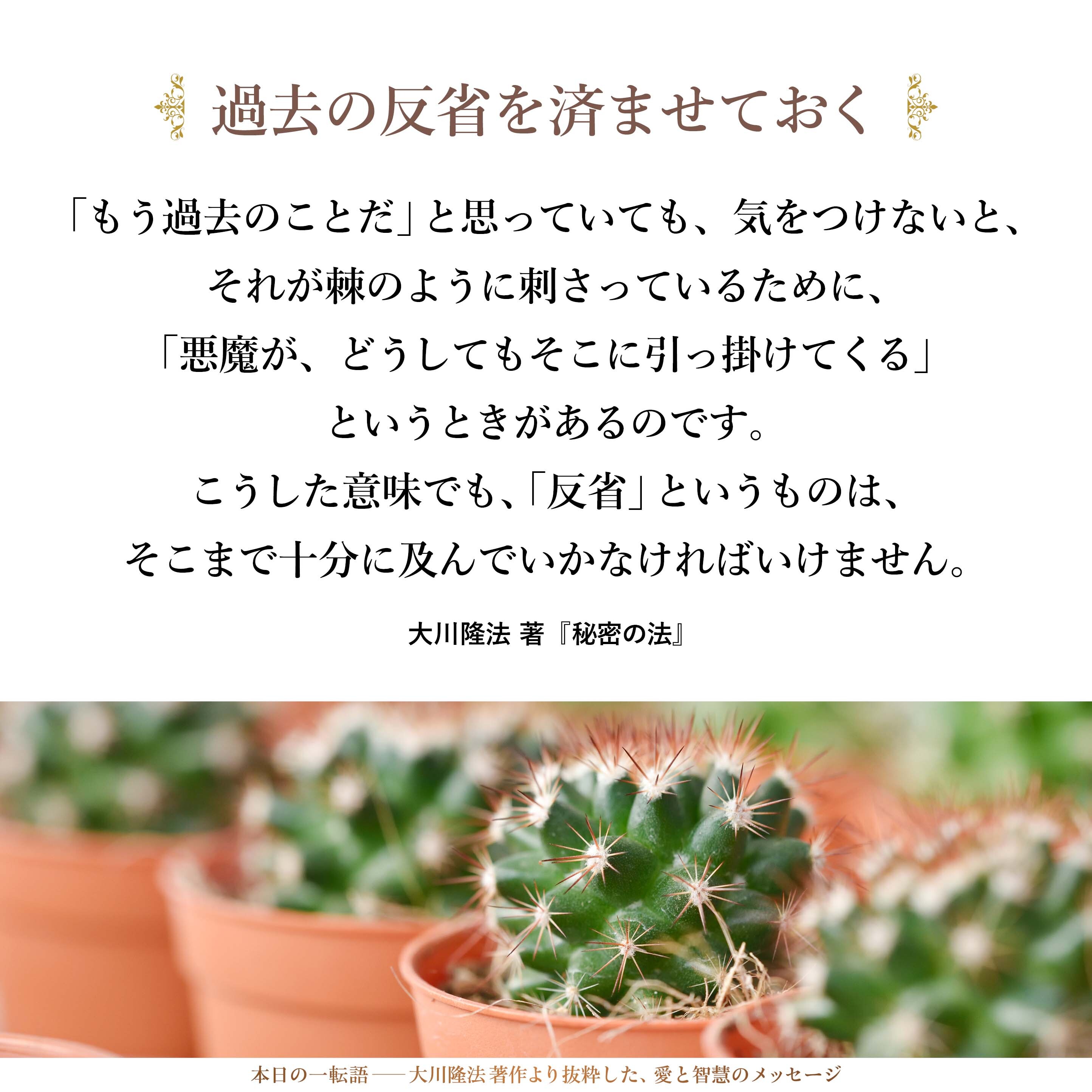 「もう過去のことだ」と思っていても、気をつけないと、それが棘のように刺さっているために、「悪魔が、どうしてもそこに引っ掛けてくる」というときがあるのです。
こうした意味でも、「反省」というものは、そこまで十分に及んでいかなければいけません。過去に向かって、自分のいろいろな出来事に対して、「どう対応したか」「どう対処したか」「それについて、どのように考えていったか」、こうしたところまで遡って、きれいに磨いていかないといけません。