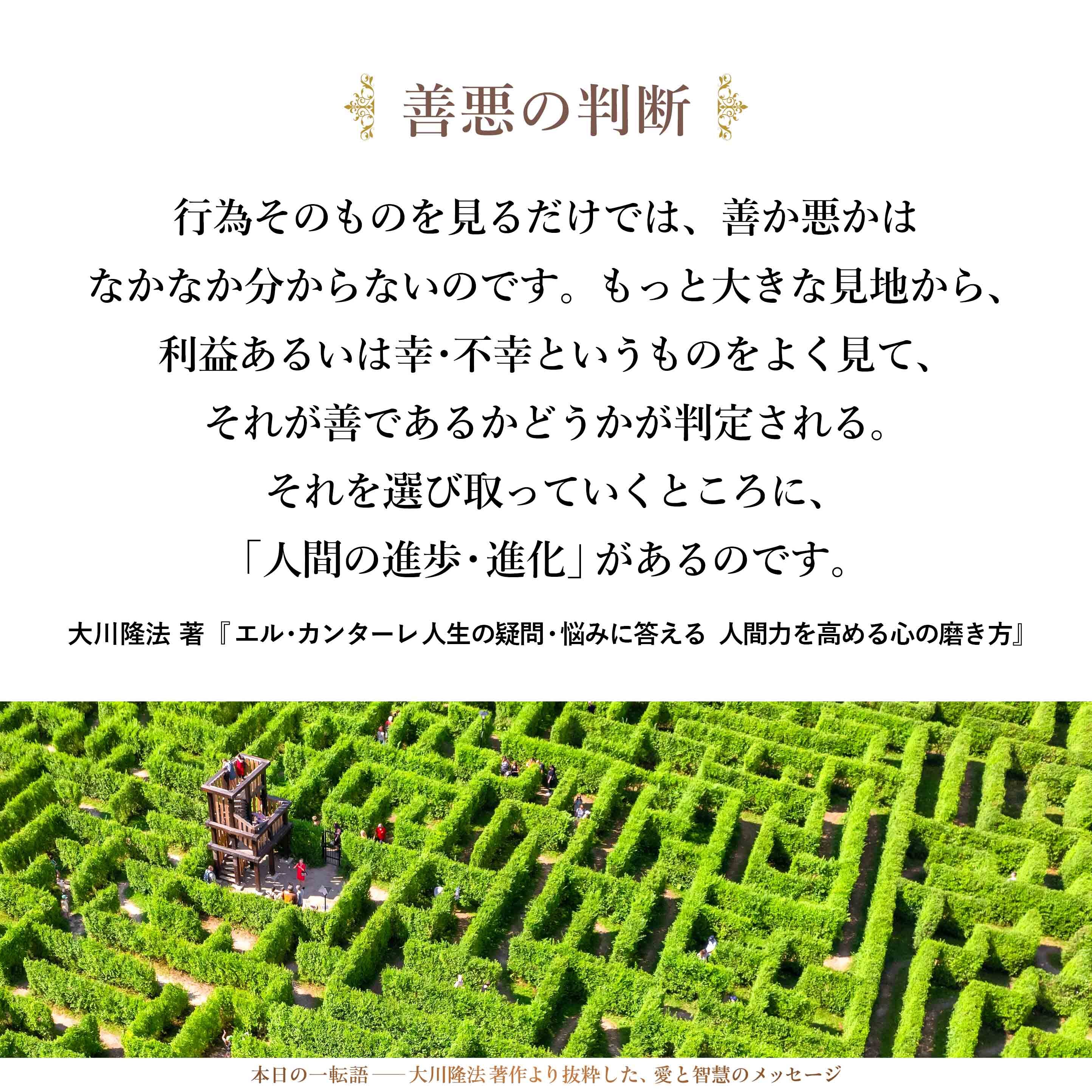 行為そのものを見るだけでは、善か悪かはなかなか分からないのです。もっと大きな見地から、利益あるいは幸・不幸というものをよく見て、それが善であるかどうかが判定される。それを選び取っていくところに、「人間の進歩・進化」があるのです。そこに「魂の磨き」があるわけです。